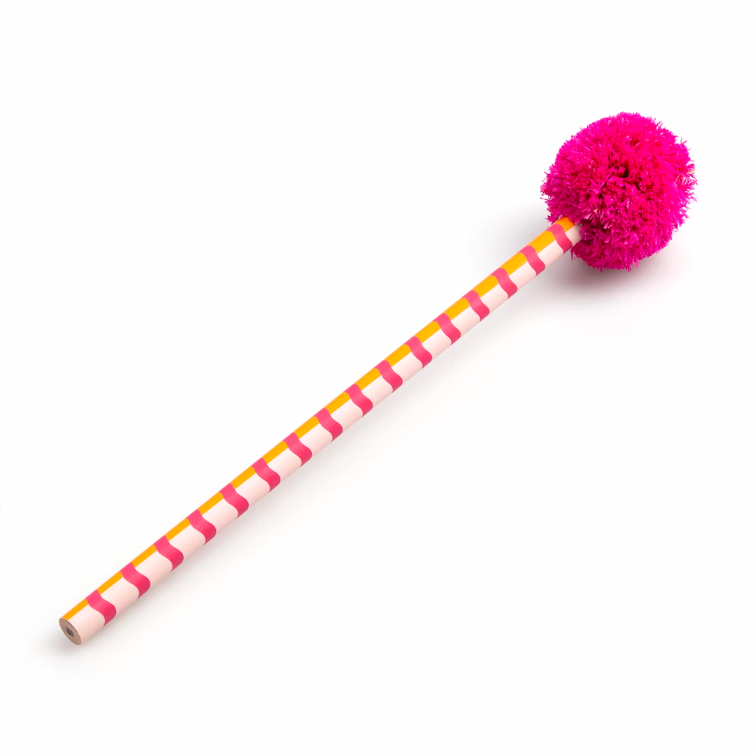 Pom Pom Pencil with pink raffia-style straw pom-pom , FSC-certified wood and graphite lead, by Papier UK
