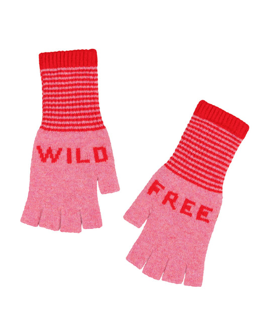 Pink gloves with red text 'WILD' and 'FREE' on a white background