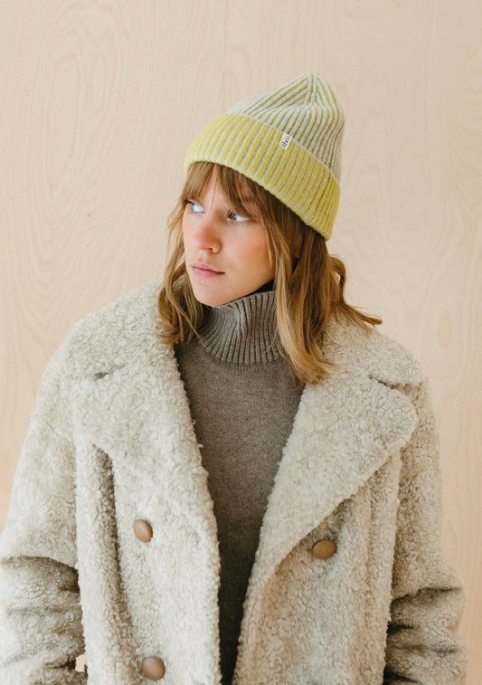 Cashmere & Merino Two-Tone Beanie in Lime