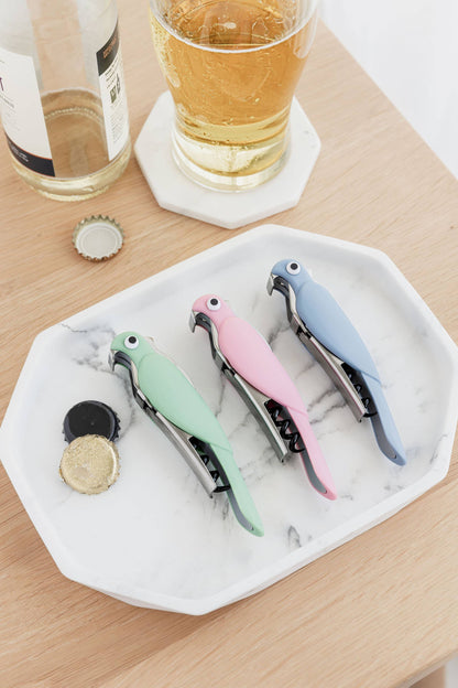Set of three budgie shaped corkscrew bottle opener in mint green, pale pink and baby blue with chrome mechanism by Uberstar