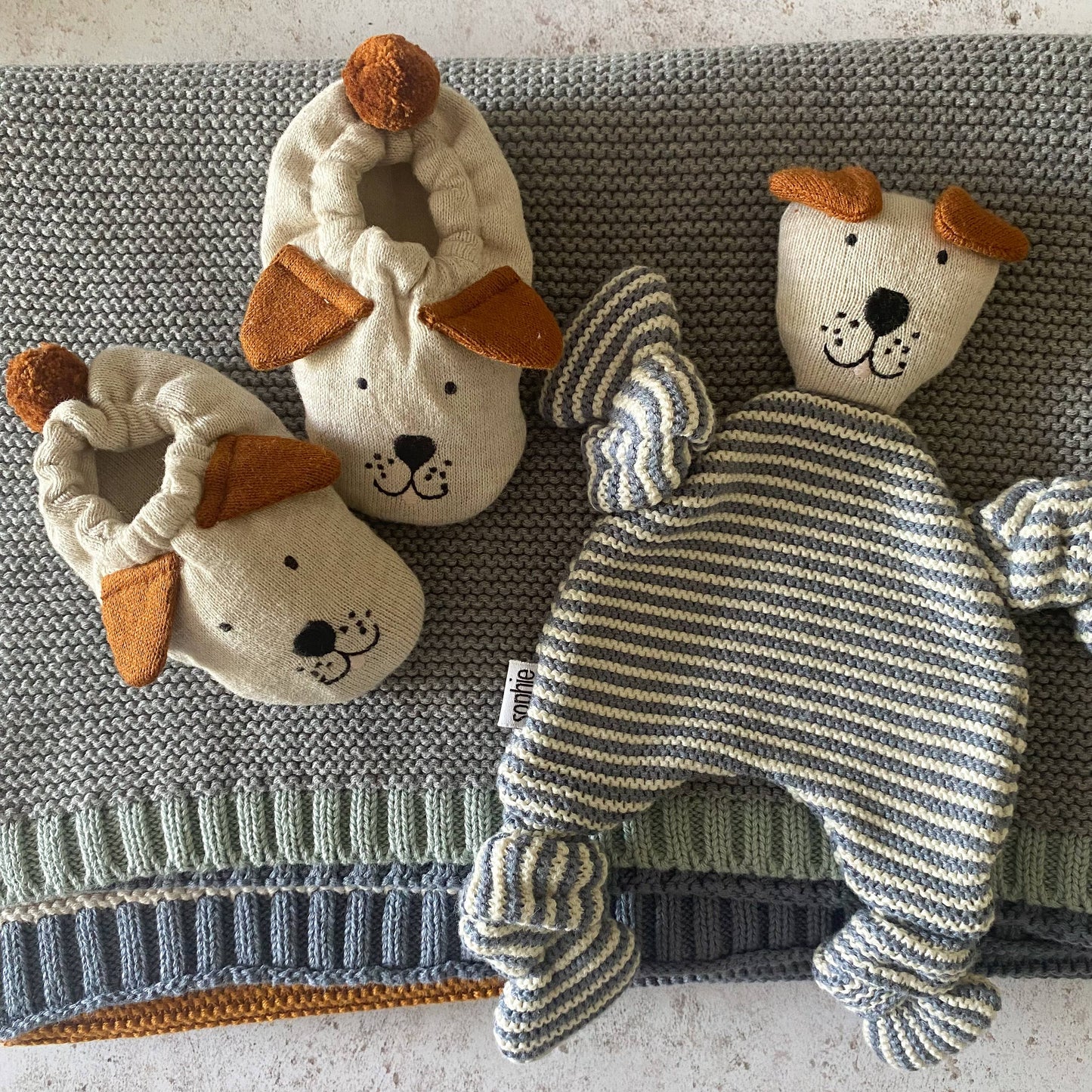 Cotton Knit Baby Booties - Dog