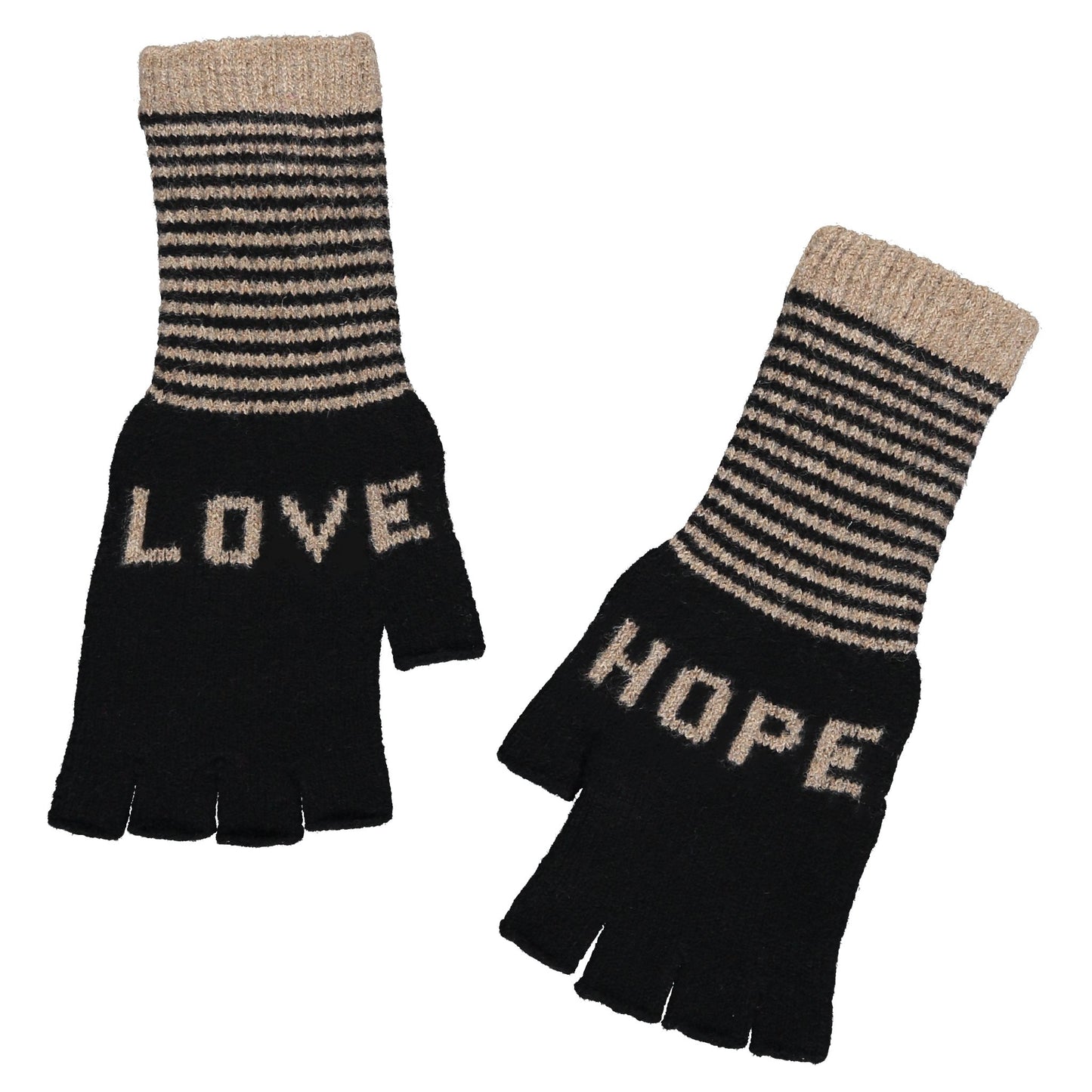 Fingerless Love Hope Gloves in Black and Taupe