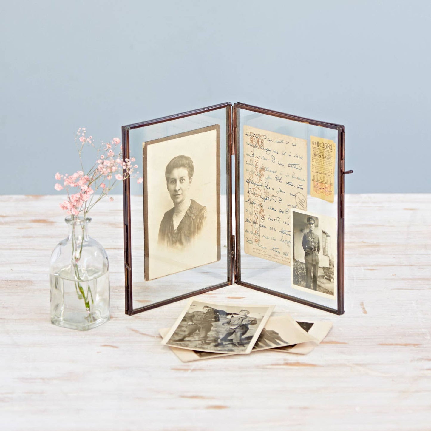 Antique Brass Glass Double Photo Frame - Handmade: Mini - To fit a 4x4 inch photo