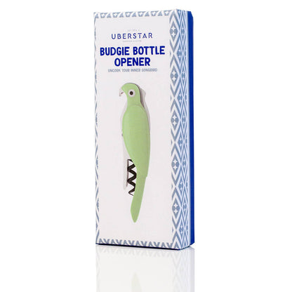 Budgie shaped corkscrew bottle opener in mint green with chrome mechanism in box by Uberstar