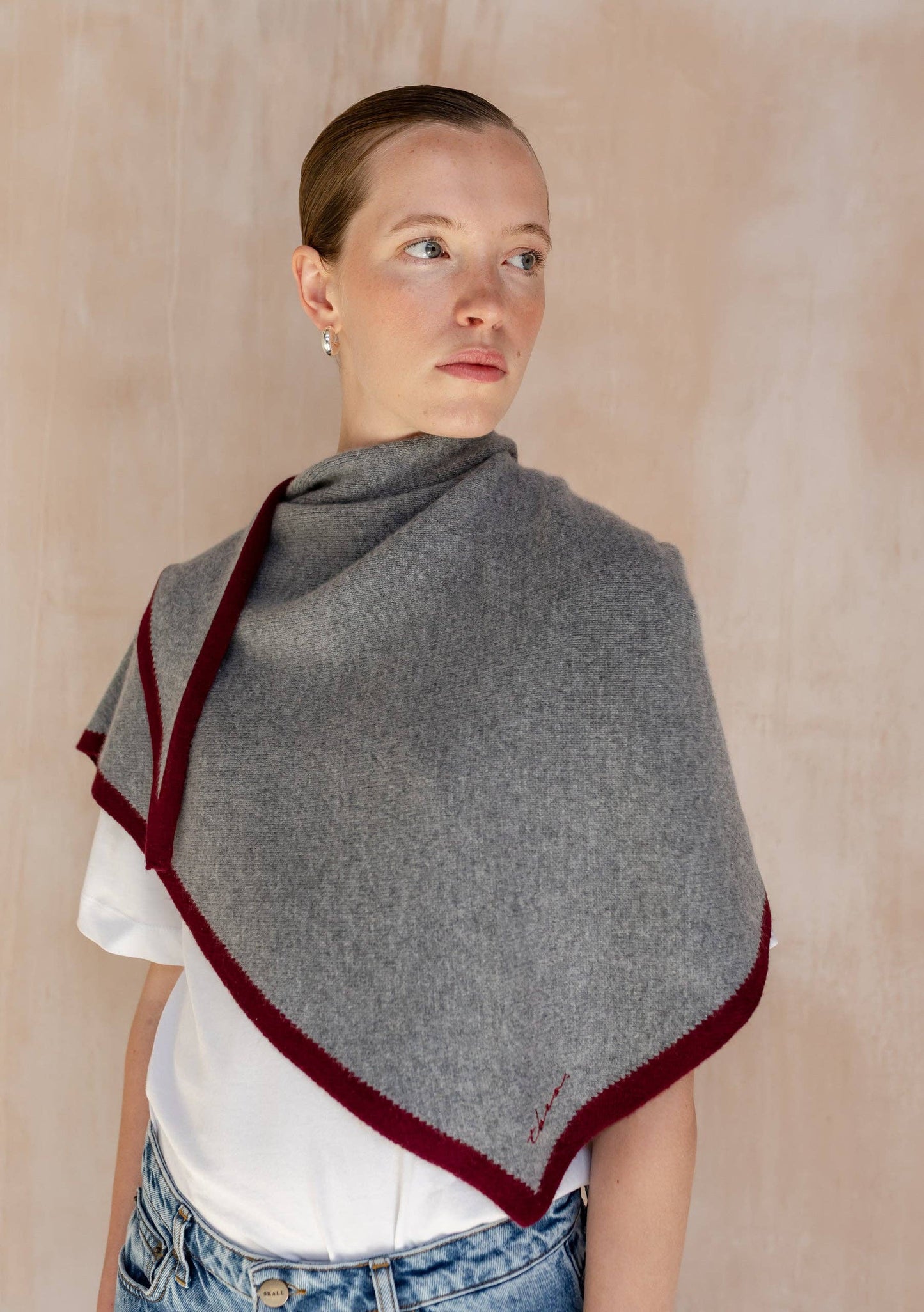 Large Merino Wool Triangle Scarf | Charcoal & Burgundy
