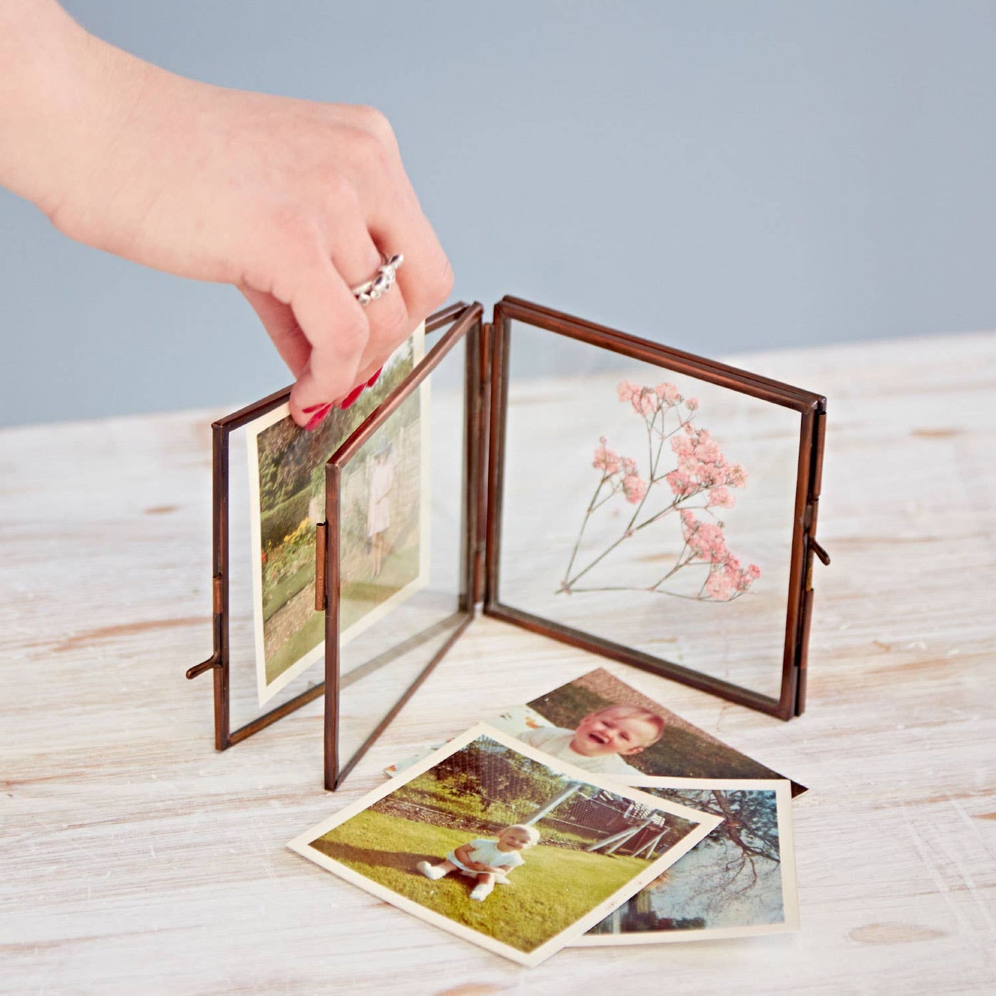 Antique Brass Glass Double Photo Frame - Handmade: Mini - To fit a 4x4 inch photo