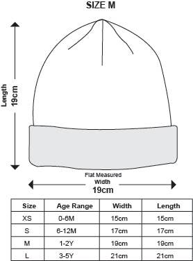 Size guide for the thick, chunky woollen baby winter hat made from 100% New Zealand merino wool by Pebble Child