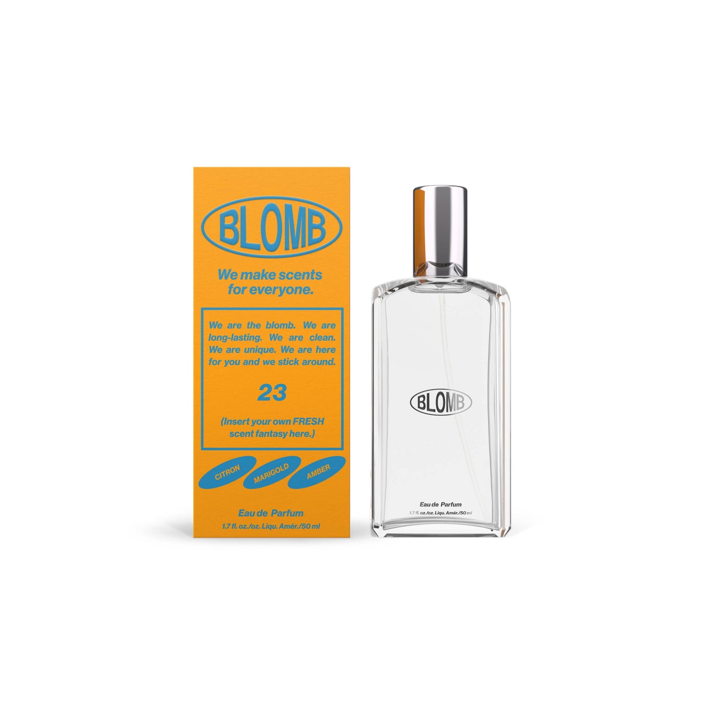 50ml bottle of Blomb No. 23 Eau de Parfum with a silver cap, alongside its orange packaging that has branding and product information.