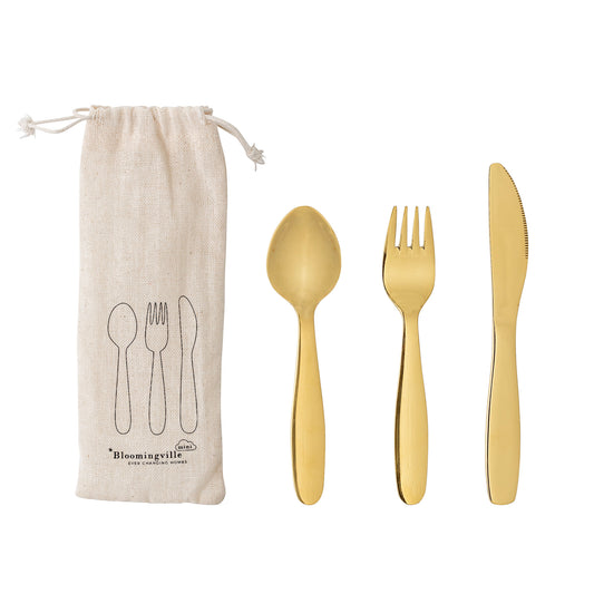 Ally is a golden Cutlery Set by Bloomingville MINI in stainless steel.
