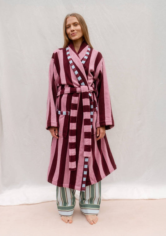 Terry Cotton Bath Robe | Burgundy Stripe