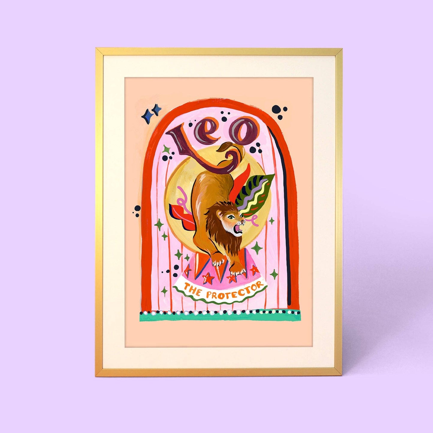 Artwork of a lion with 'Leo, The Protector' text on a light purple and pastel peach background