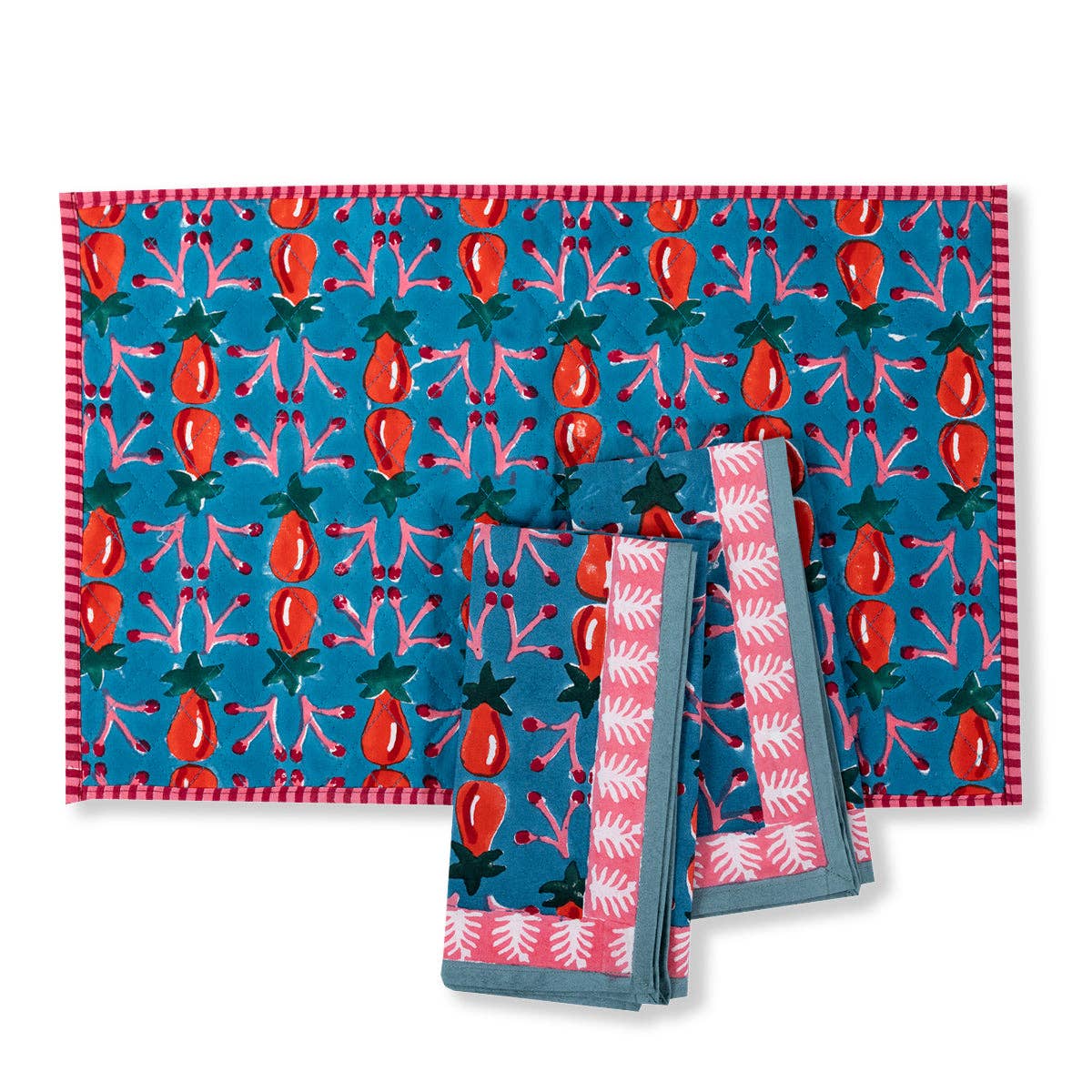 The Every Space 100% cotton placemats in red and blue Wilshire blockprint by Furbish studio, handmade in India