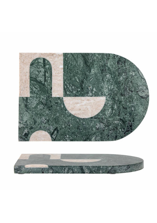 The Abrianna Cutting Board by Bloomingville features a graphic pattern in a mix of green and sand-coloured marble.