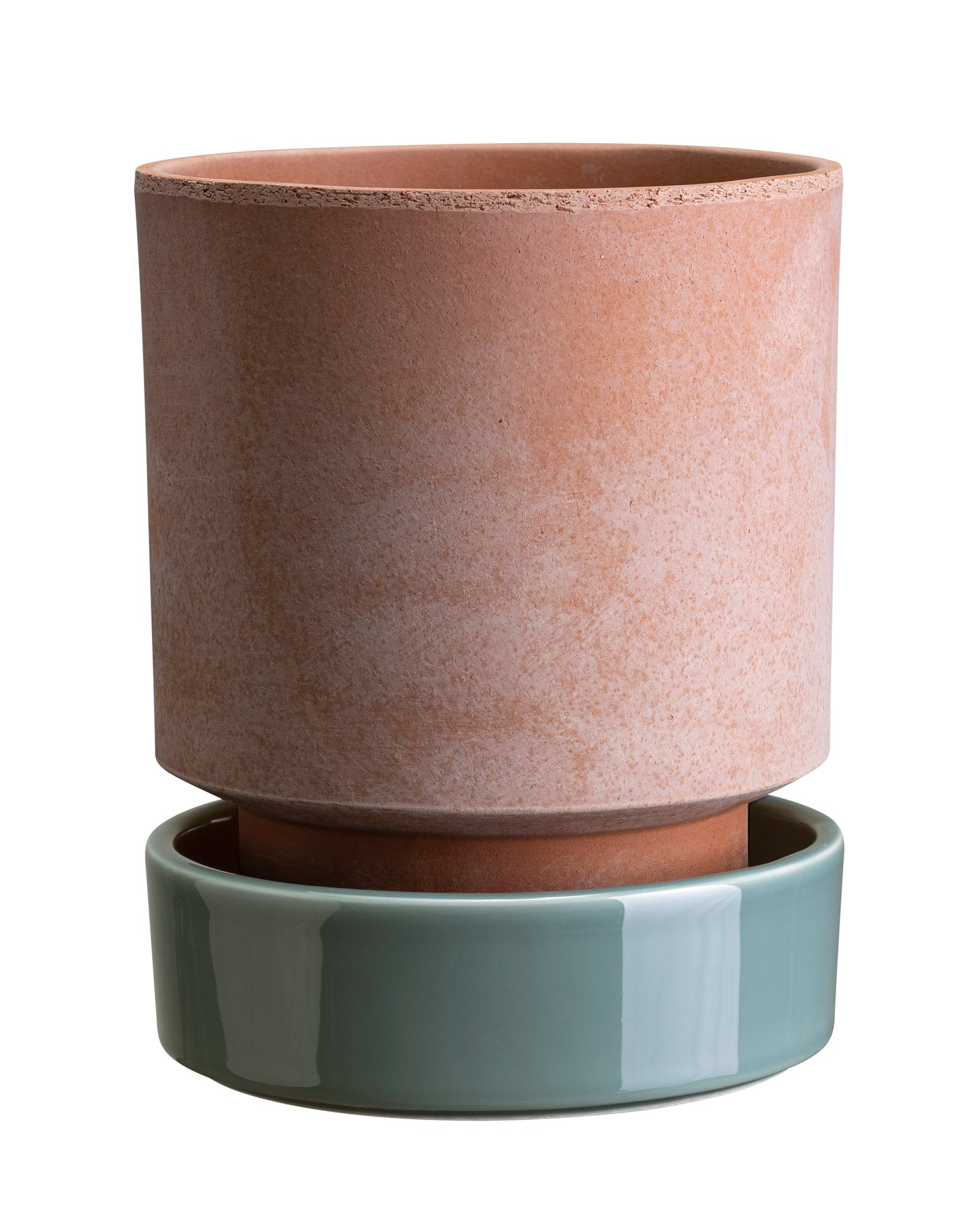 Hoff Pot in Rose Clay Ø14cm with green glazed saucer