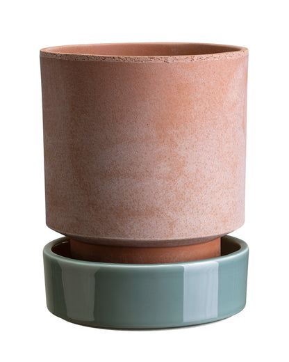 Hoff Pot in Rose Clay Ø14cm with green glazed saucer