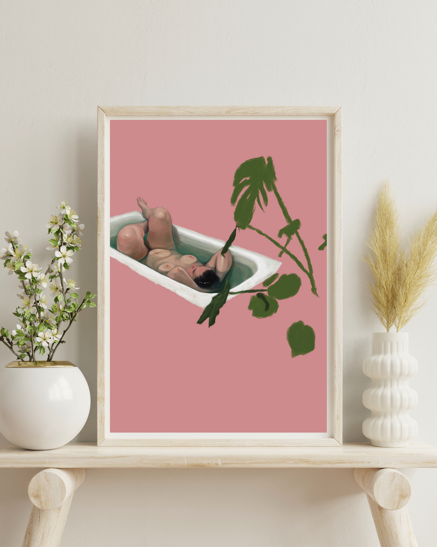 The Every Space Bath Babe v2 A4 print in pink by Babes and Botanicals