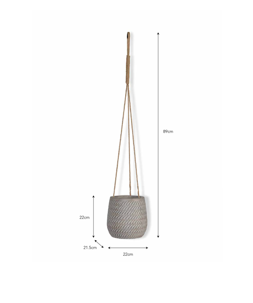 Gray woven hanging basket with dimensions on a white background