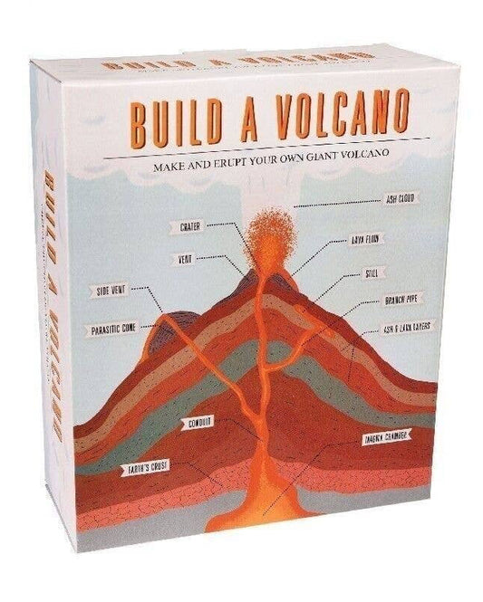 Box for 'Build a Volcano' kit with volcano illustration and text on a white background