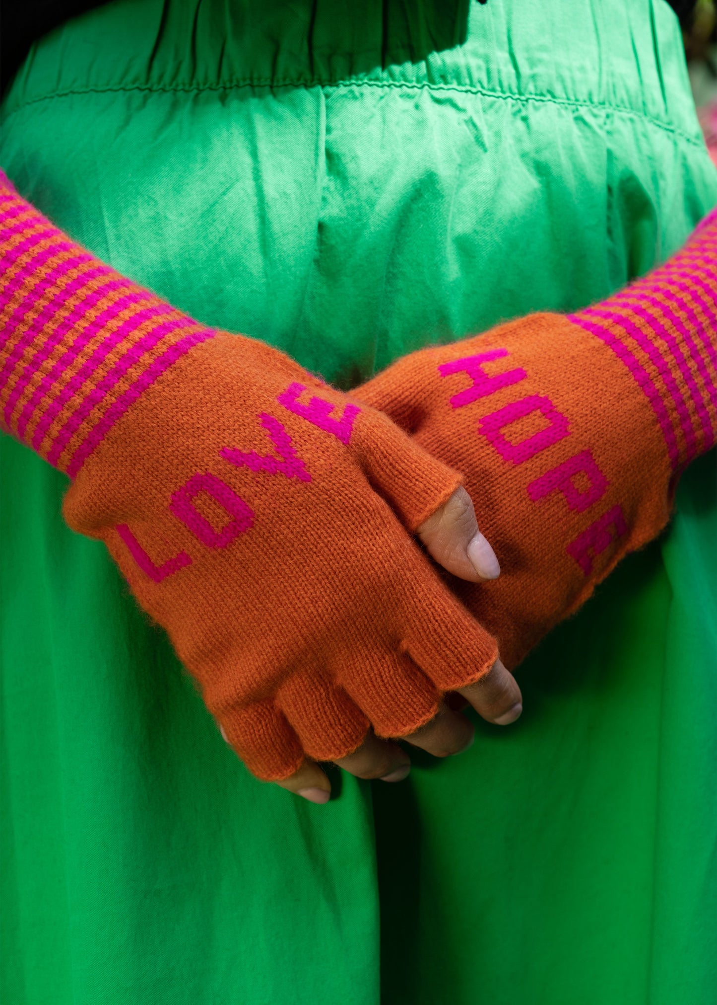 Fingerless Love Hope Gloves in Orange and Fuchsia Pink