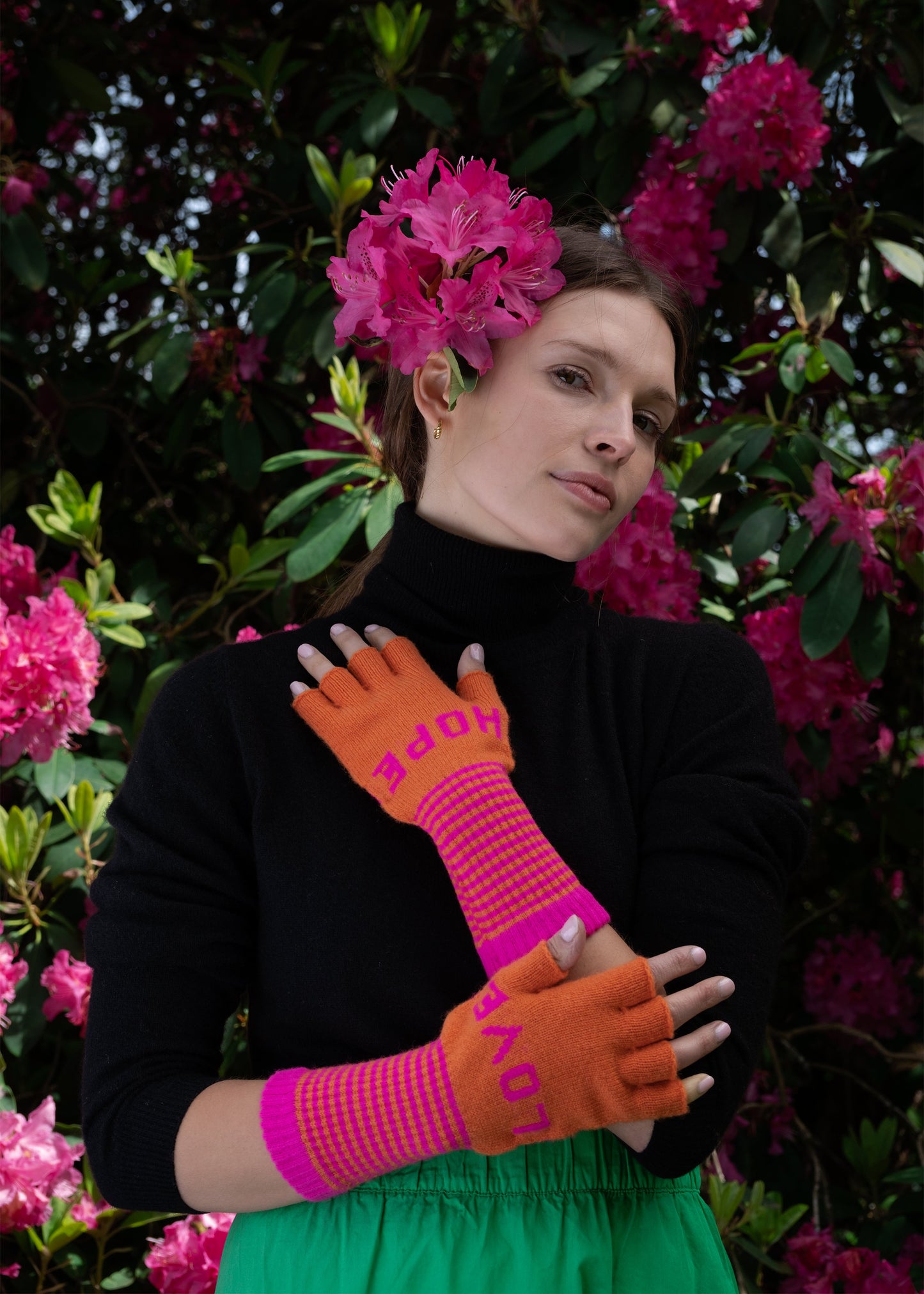 Fingerless Love Hope Gloves in Orange and Fuchsia Pink