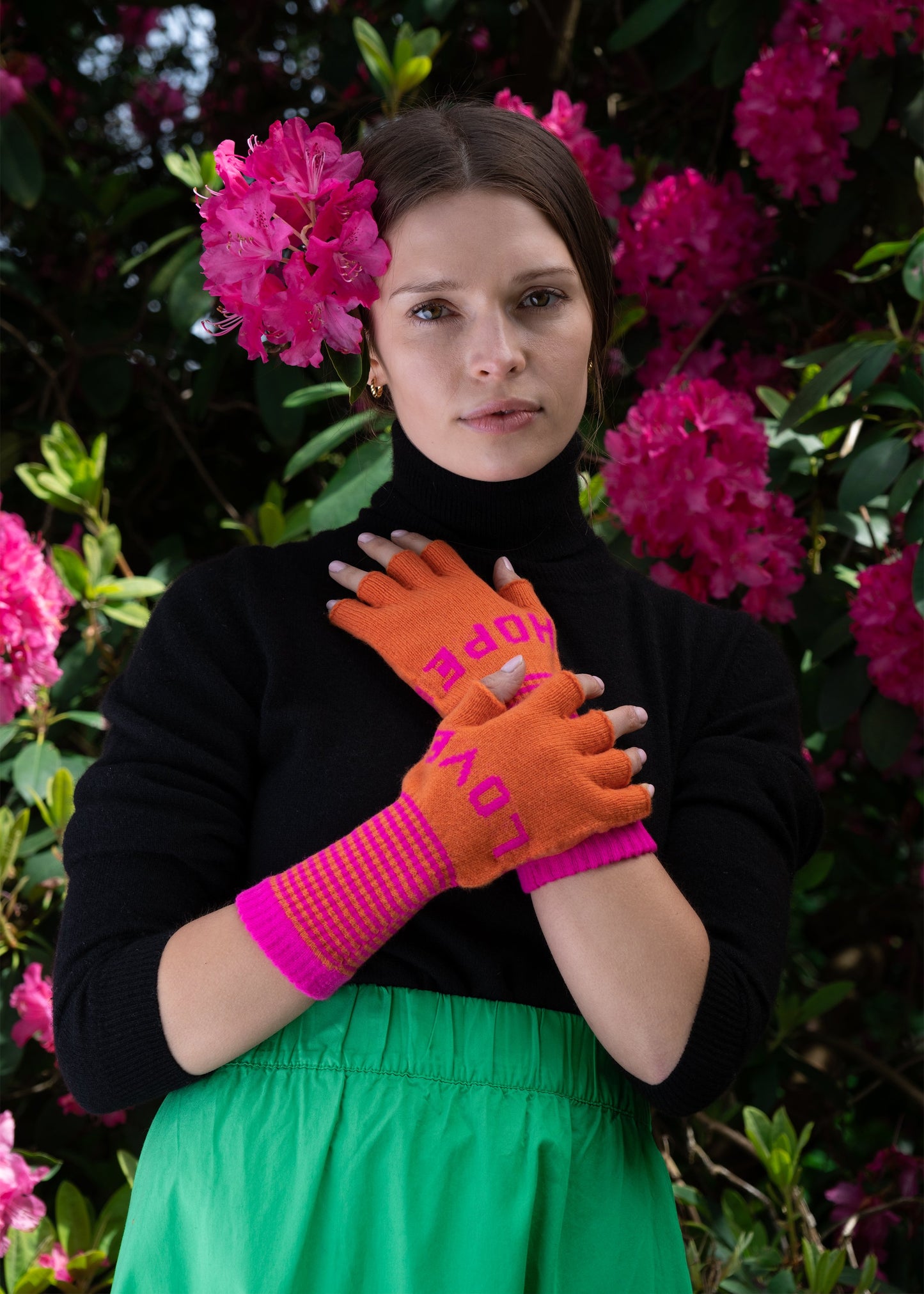 Fingerless Love Hope Gloves in Orange and Fuchsia Pink