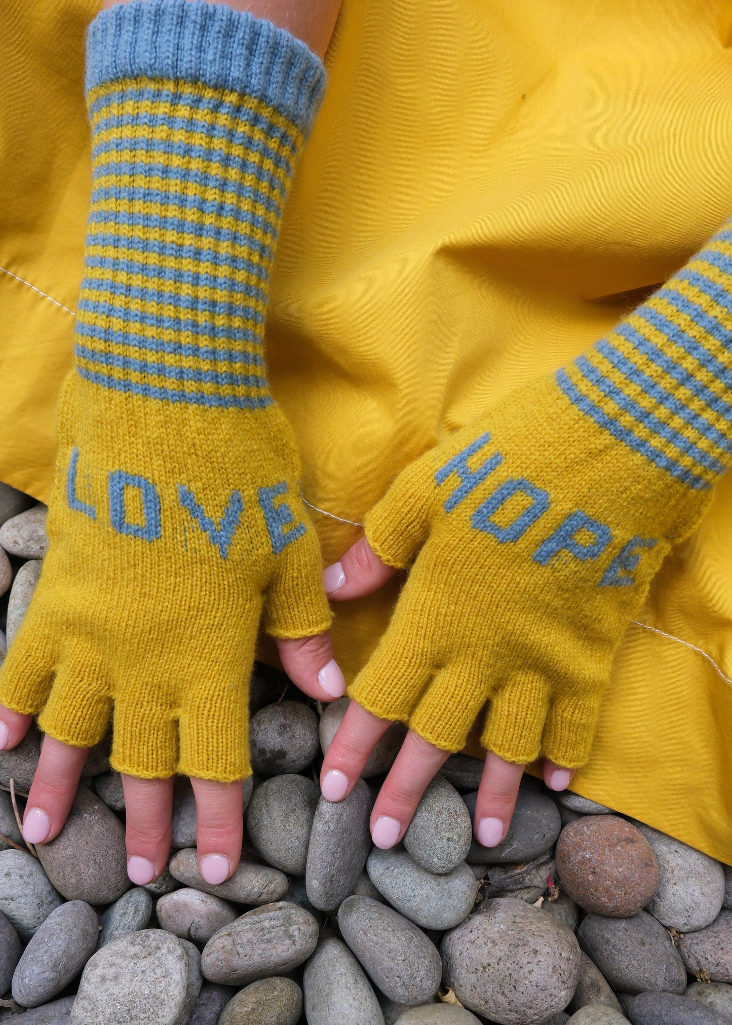 Fingerless Love Hope Gloves in Yellow and Sea Blue