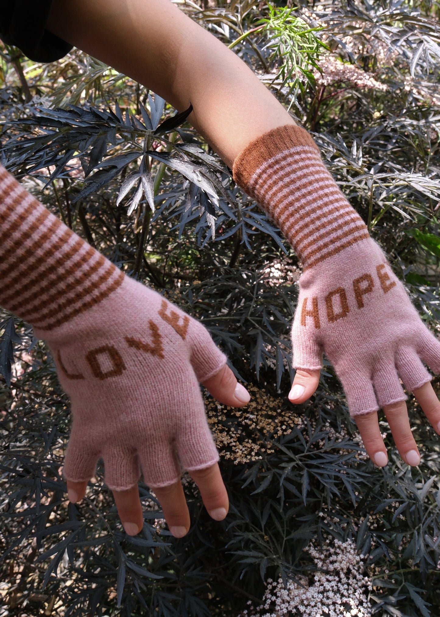 Fingerless Love Hope Gloves in Dusky Pink and Chestnut