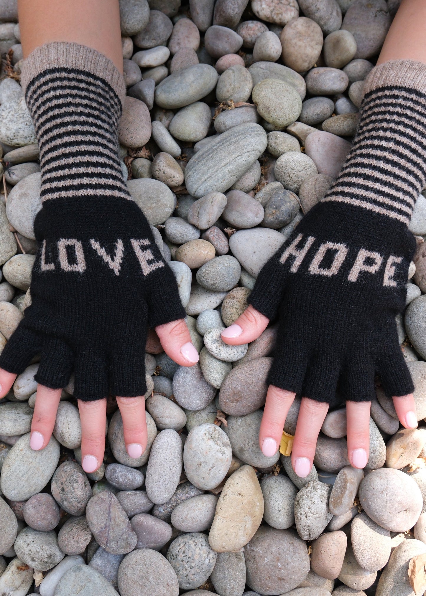 Fingerless Love Hope Gloves in Black and Taupe