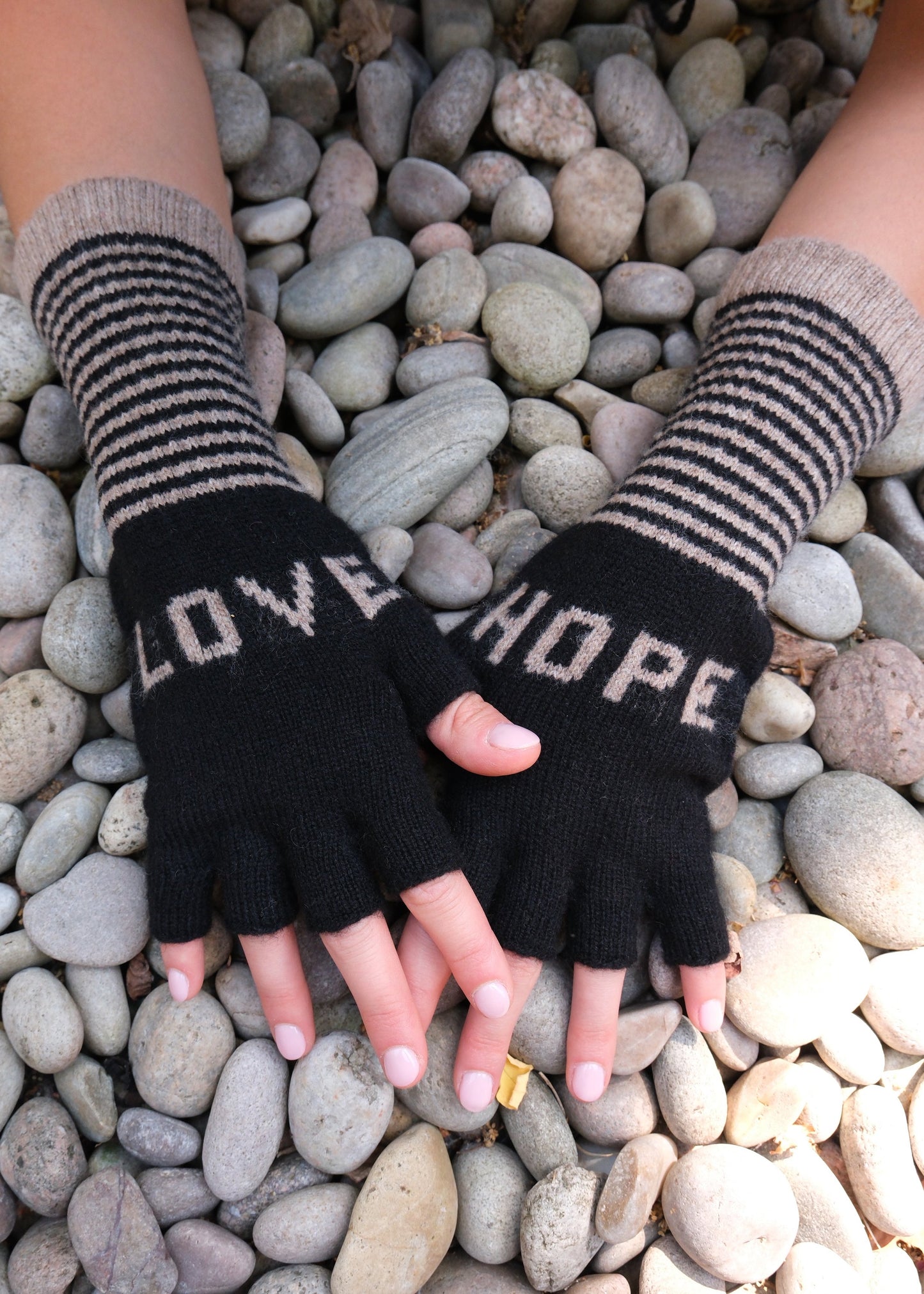Fingerless Love Hope Gloves in Black and Taupe