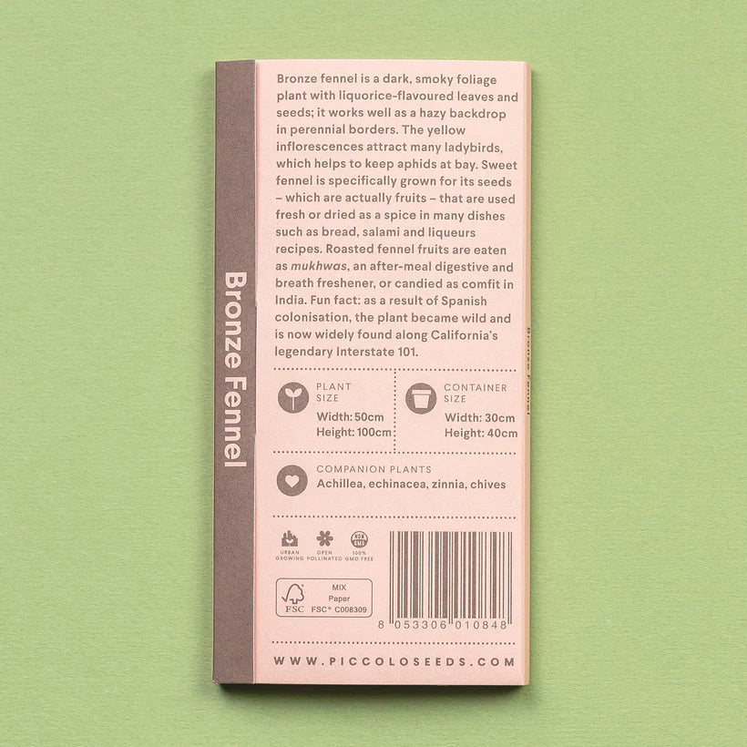 The Every Space Foeniculum Vulgare or Bronze Fennel seed packet of 150 seeds by Piccolo