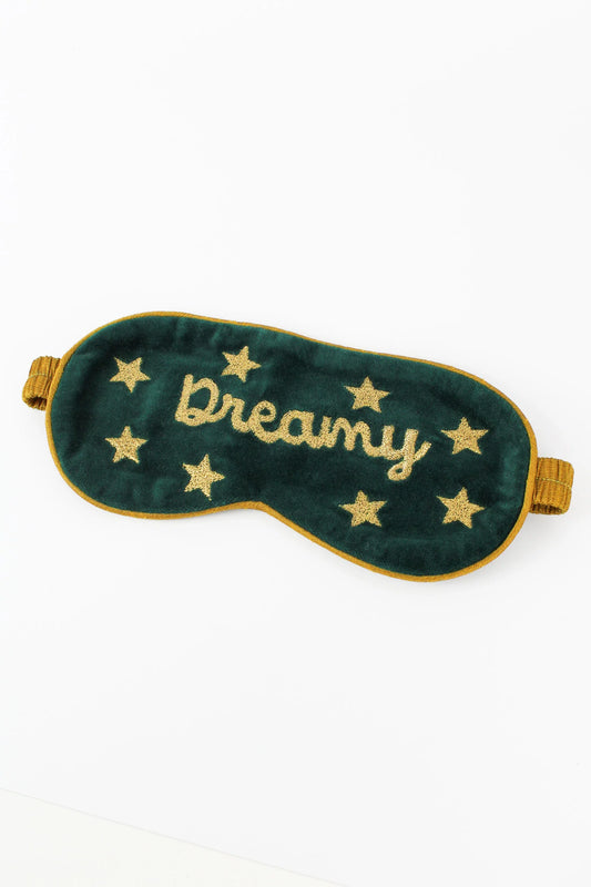 This beautiful 'dreamy' eye mask is embroidered in India using luxury gold thread onto plush forest green velvet.