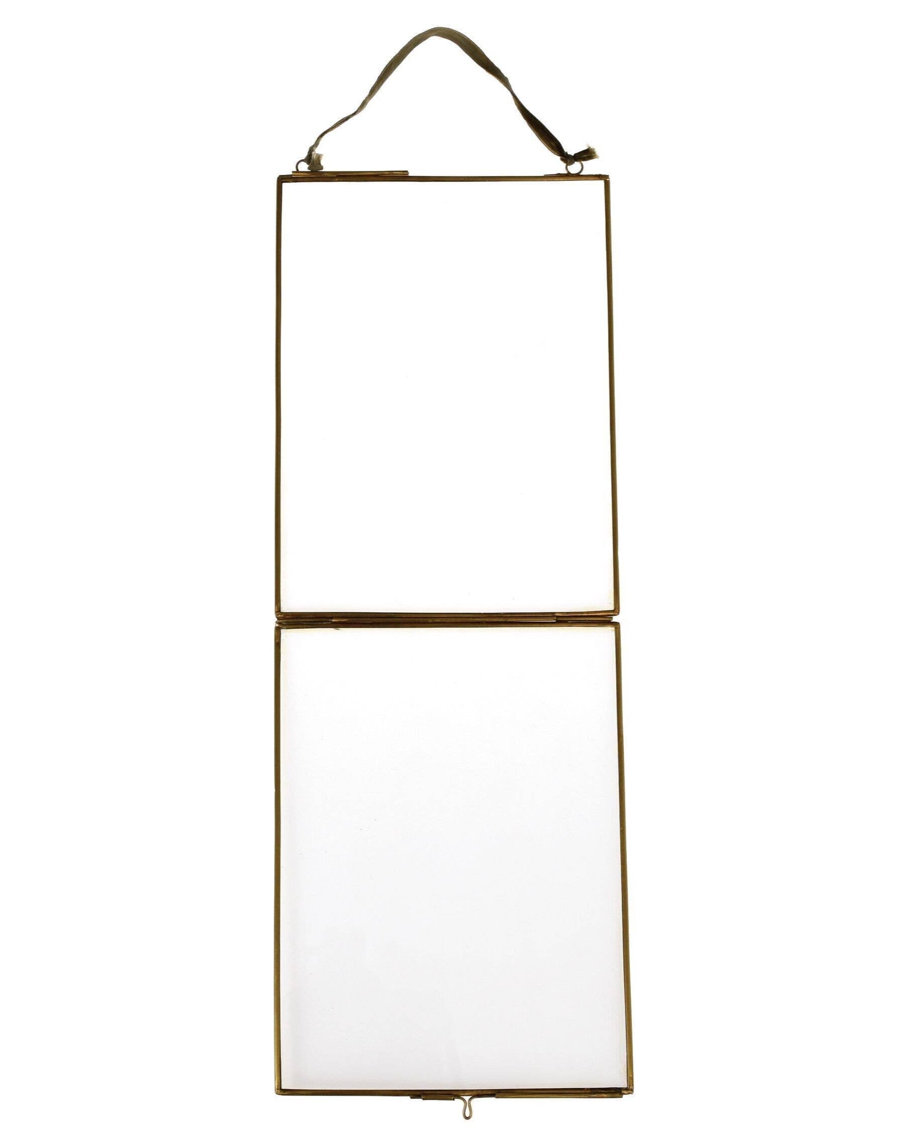 Hanging rectangular frame with a gold metal border on a white background