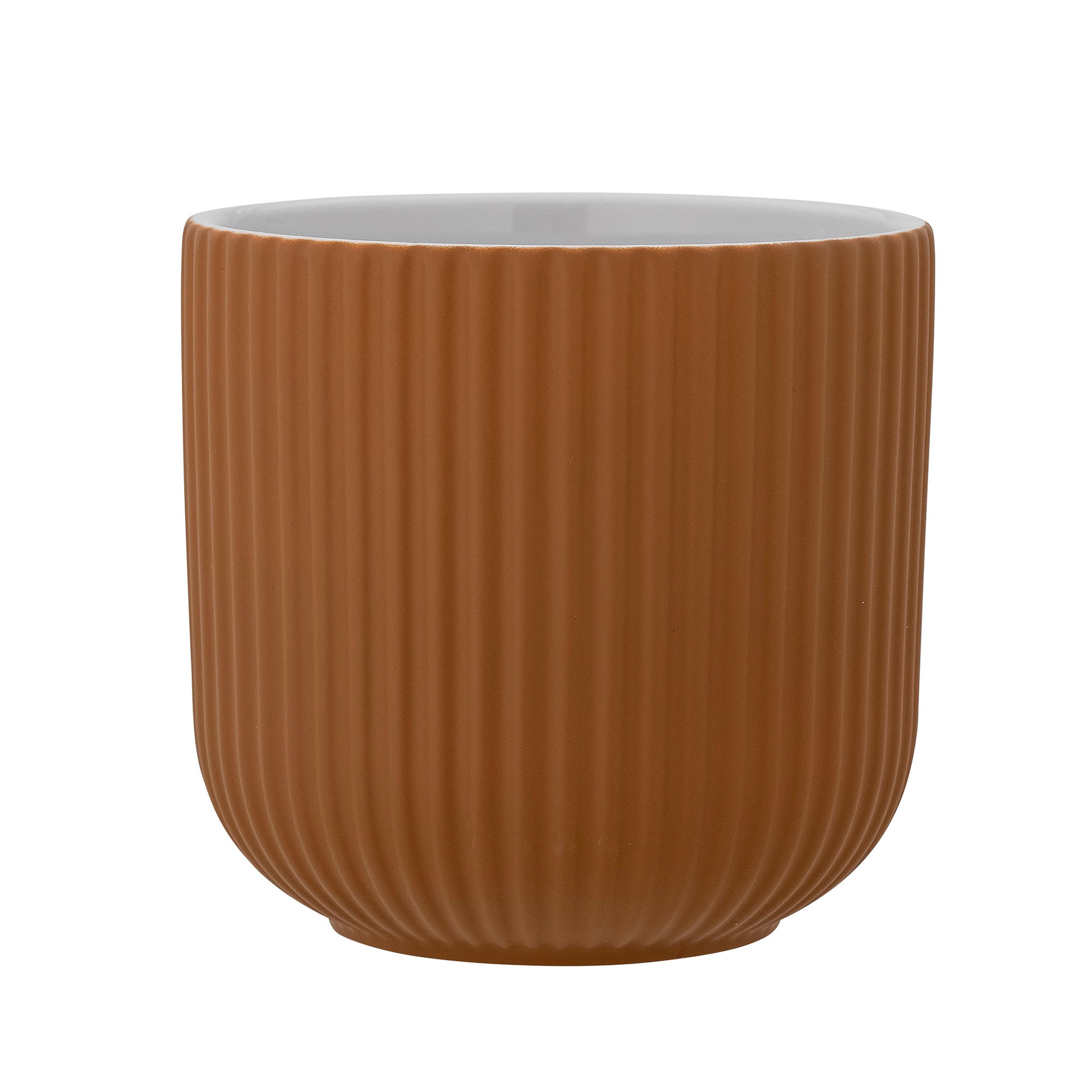 Stoneware plant pot with matte glaze in brown.