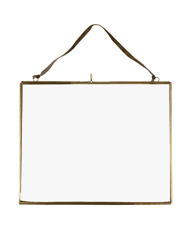 Gold rectangular picture frame with a leather strap on a white background