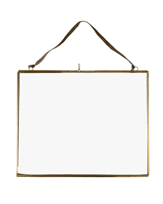 Gold rectangular picture frame with a leather strap on a white background