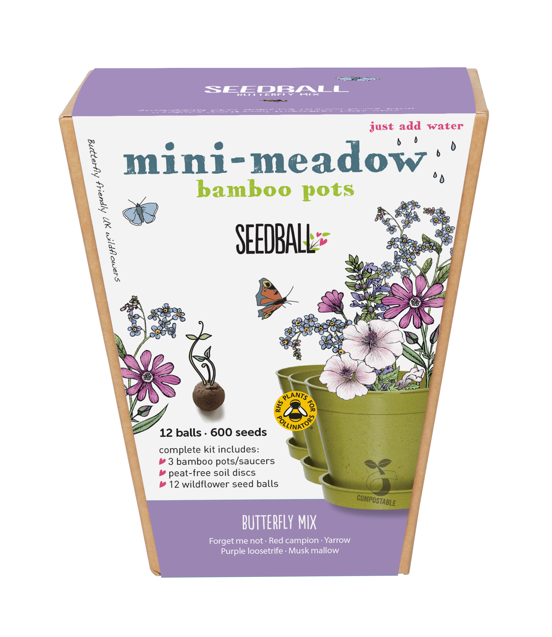 The Every Space Garden Mini-Meadow with 3 biodegradable, compostable bamboo pots and saucers, peat-free coir discs, and 12 wildflower seed balls containing approximately 30 wildlife-friendly wildflower seeds, by Seedball