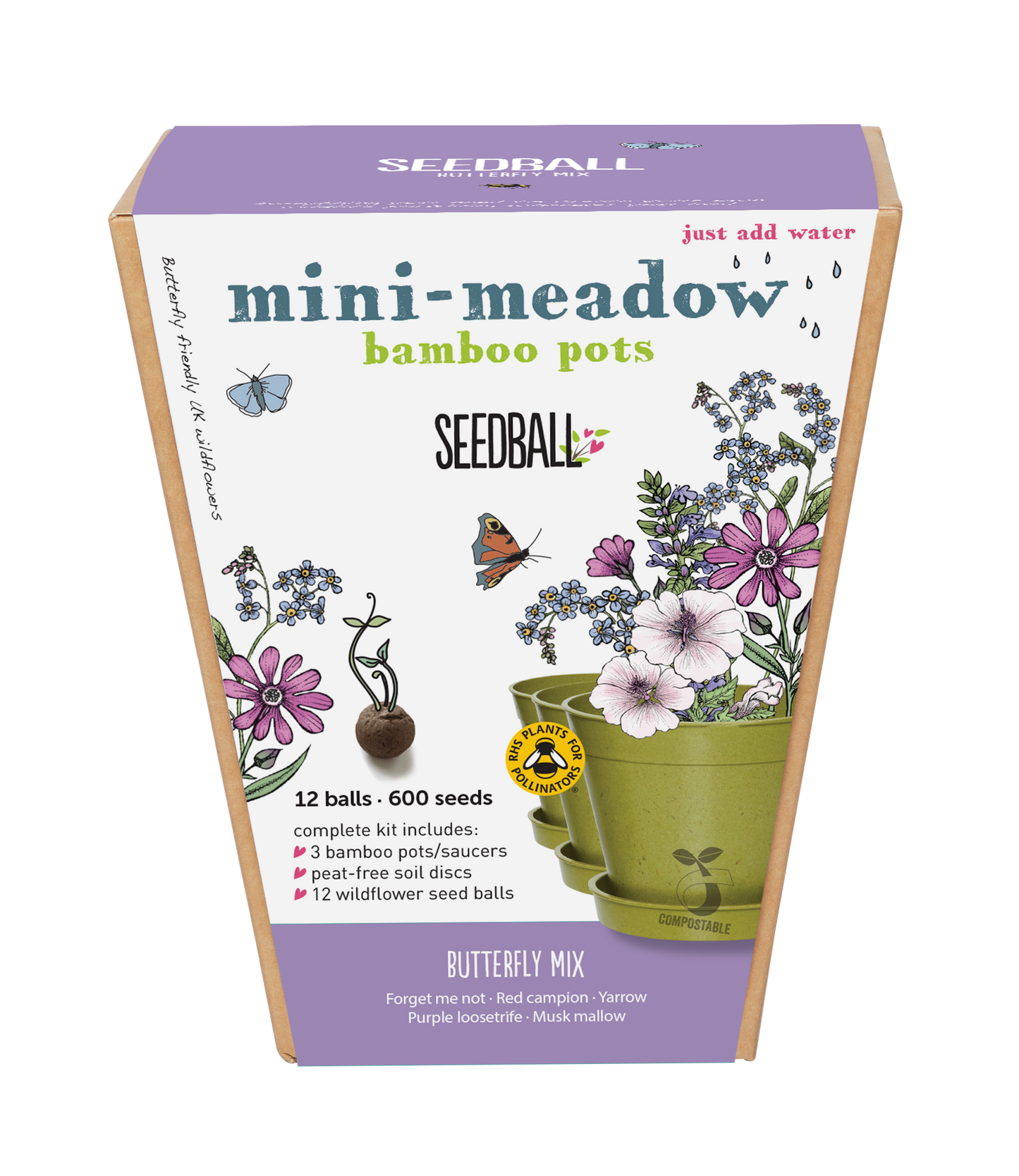 The Every Space Garden Mini-Meadow with 3 biodegradable, compostable bamboo pots and saucers, peat-free coir discs, and 12 wildflower seed balls containing approximately 30 wildlife-friendly wildflower seeds, by Seedball
