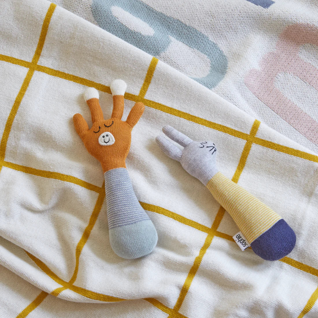 Giraffe Cotton Knit Baby Rattle in Blue