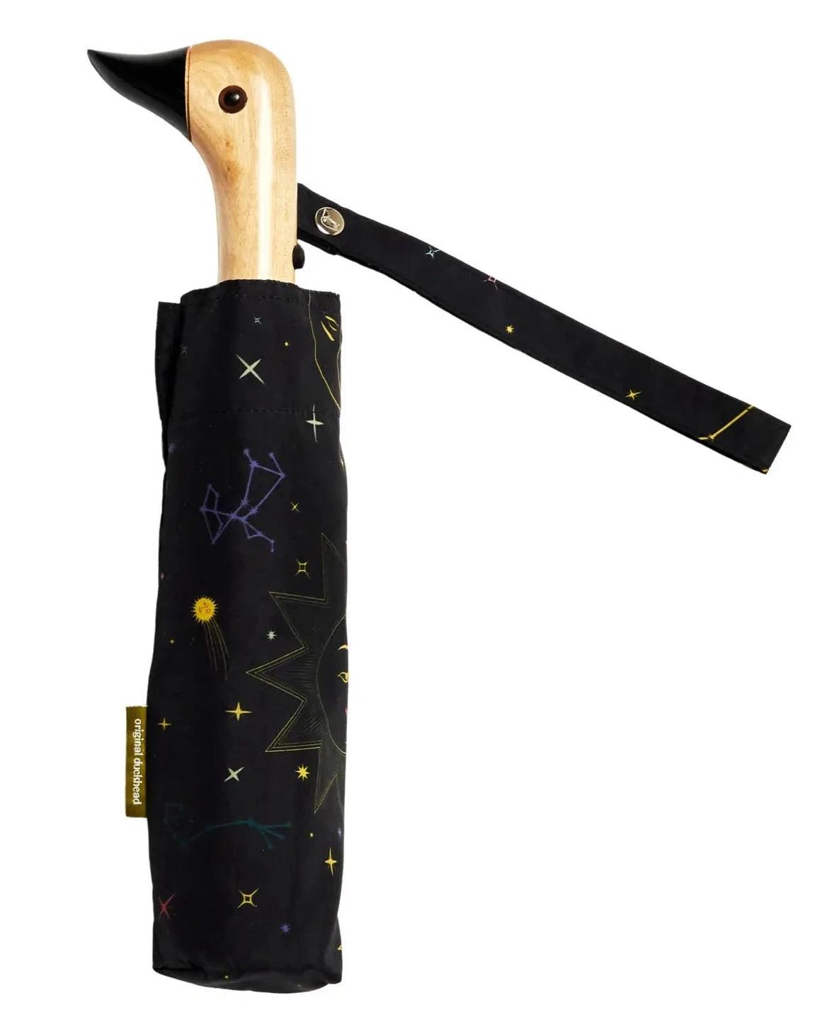 The Every Space handmade Zodiac, duck handled black umbrellas, by Original Duckhead, are wind resistant with an automatic open button, and made from 100% recycled fabric and birch wood.