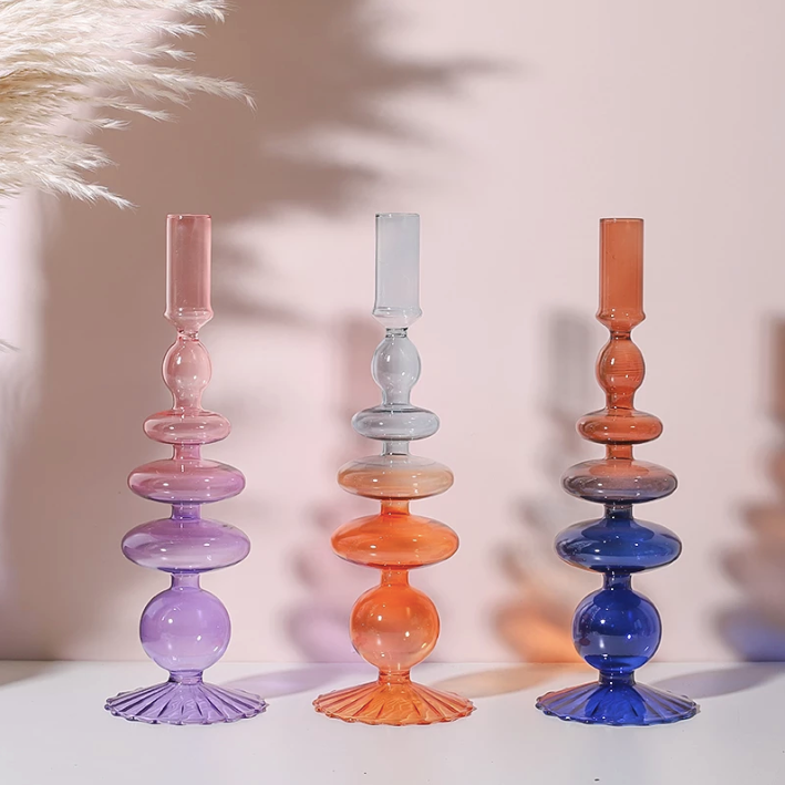 Two Color Glass Classic Craft Candlesticks Holders: Orange-Grey