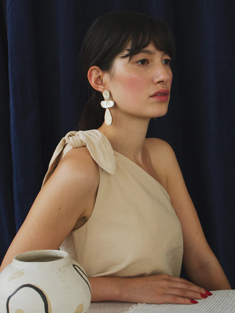 Th Every Space Ana earrings in cream mother of pearl veneer, wood and sterling silver by Wolf & Moon
