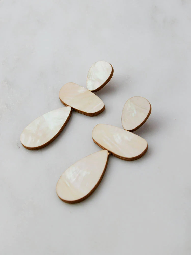 Th Every Space Ana earrings in cream mother of pearl veneer, wood and sterling silver by Wolf & Moon