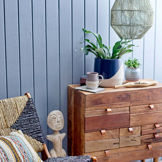 The Every Space stoneware Blumentopf Iness plant pot with geometric print in blue and neutral by Bloomingville