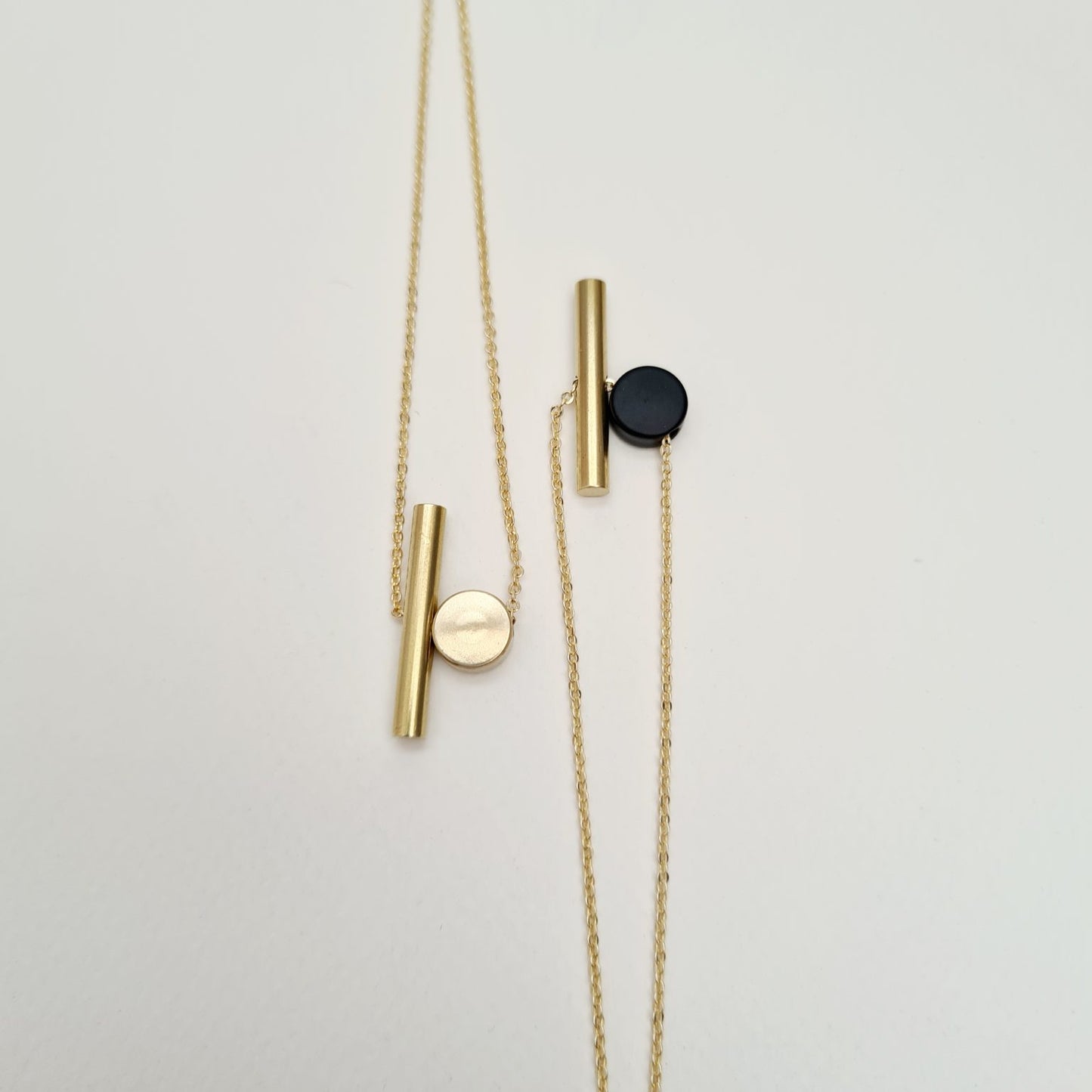 Brass Cylinder & Black Disc Necklace