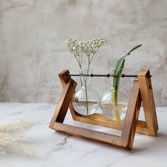Glass Planter Bulb Vase with Wooden Stand | Double