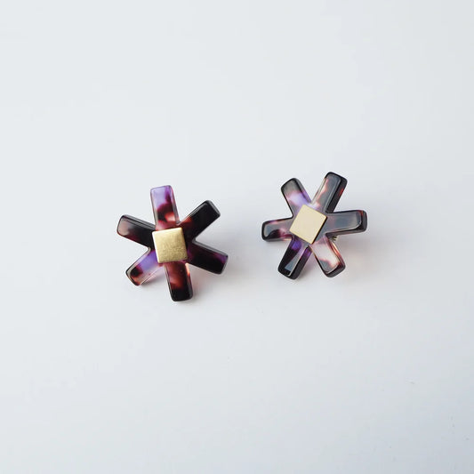 Camille Floral Stud earrings in dark tortoiseshell and violet flower shaped, hand polished petroleum free cellulose acetate by Custom Made 