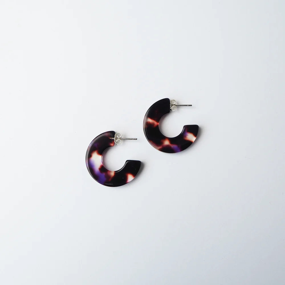 Camille Mini Hoop earrings are made from hand polished petroleum free cellulose acetate in a beautiful dark tortoiseshell and violet mix with a glass like finish, by Custom Made