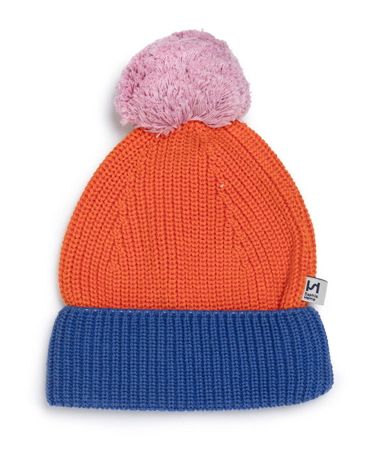 Cotton Knit Baby Bobble Hat | Orange & Blue