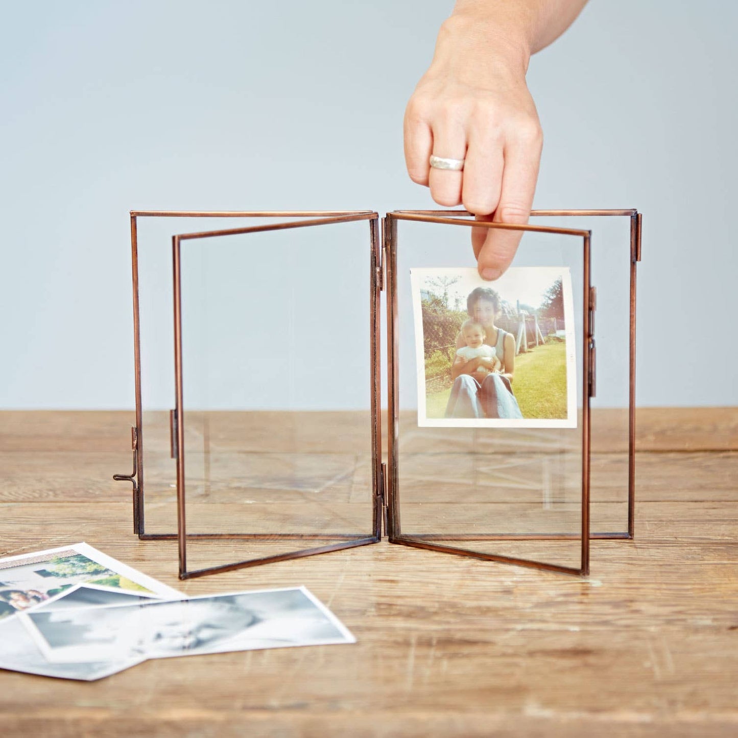 Antique Brass Glass Double Photo Frame - Handmade: Mini - To fit a 4x4 inch photo