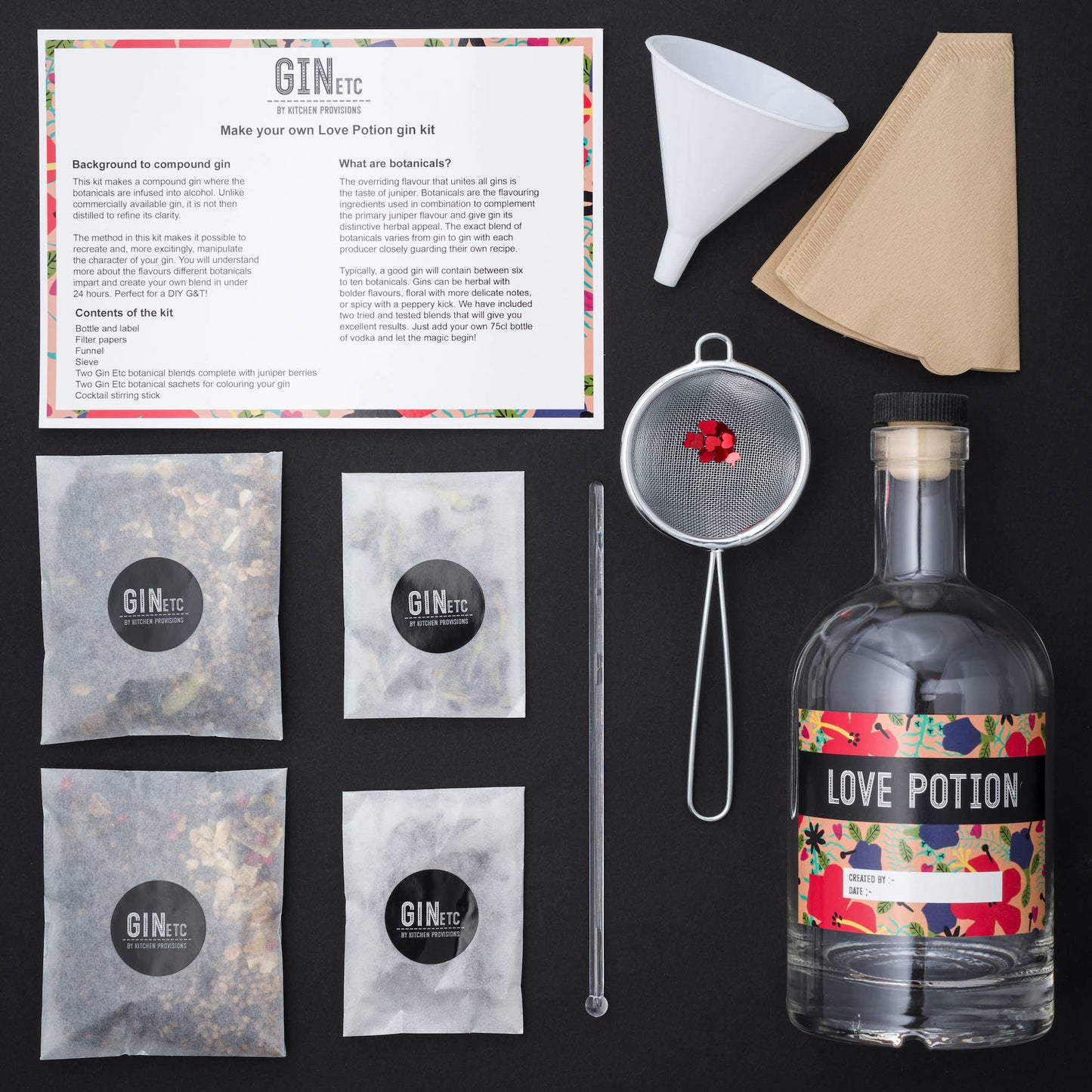 700 ml Italian glass bottle, label, filter papers, funnel, sieve, two botanical mix sachets (which include juniper berries) and two extra sachets of spectacular colour-changing botanicals.